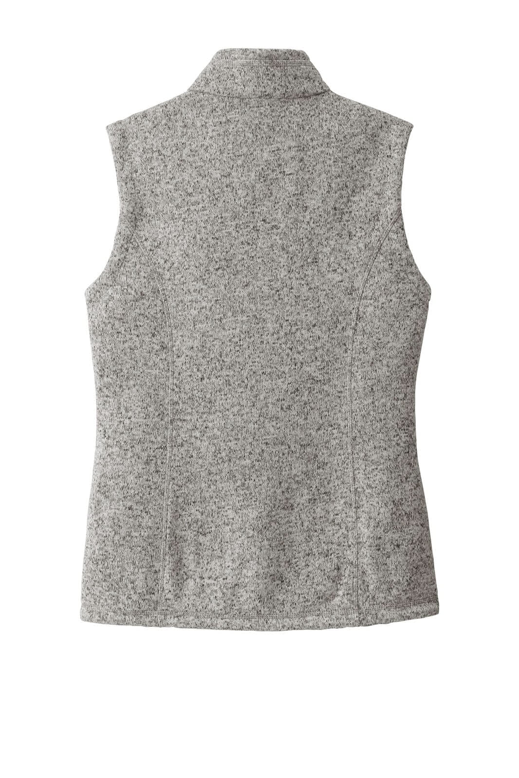 A grey sweater fleece vest with a collar, featuring a fitted design and no sleeves. It includes a logo.