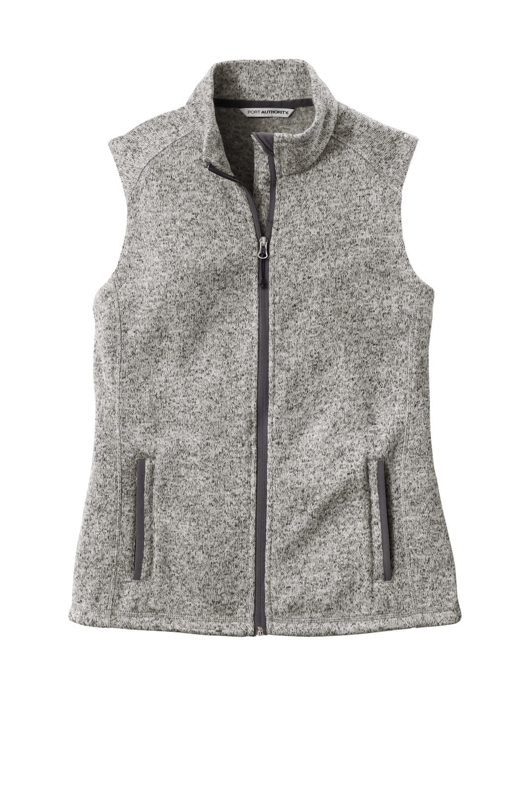 A light grey ladies' sweater fleece vest with a zipper and two front pockets, featuring a branding logo.