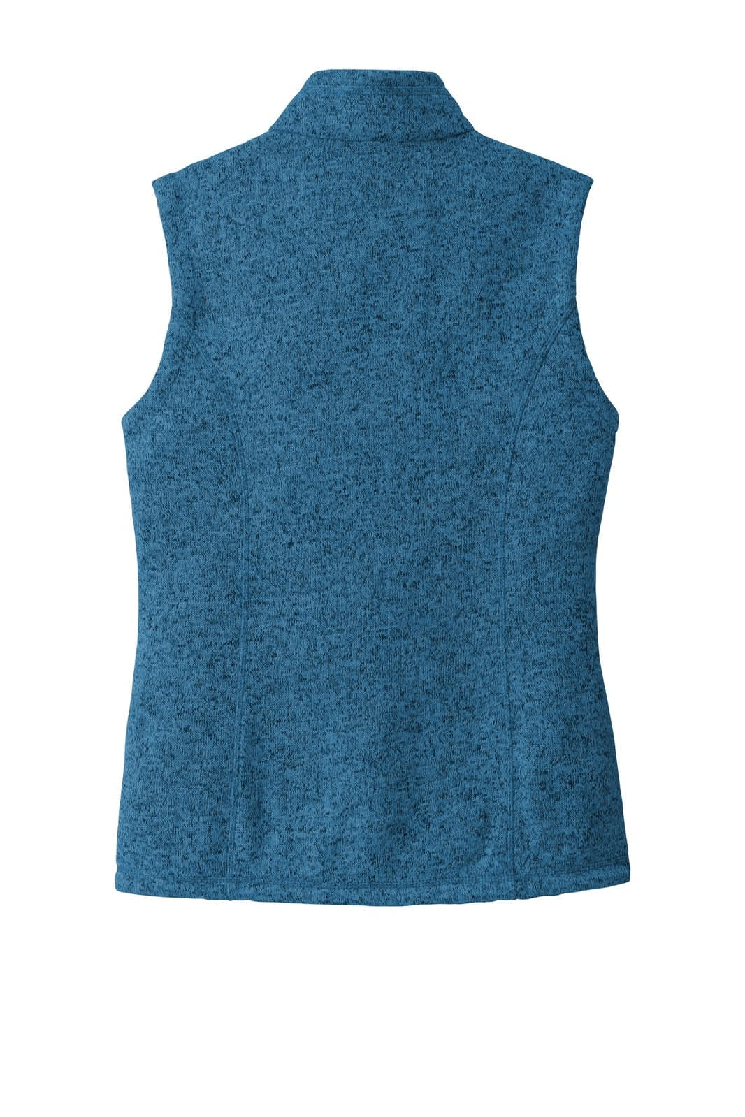 A blue sweater fleece vest with a high collar and no sleeves, featuring a branding logo.