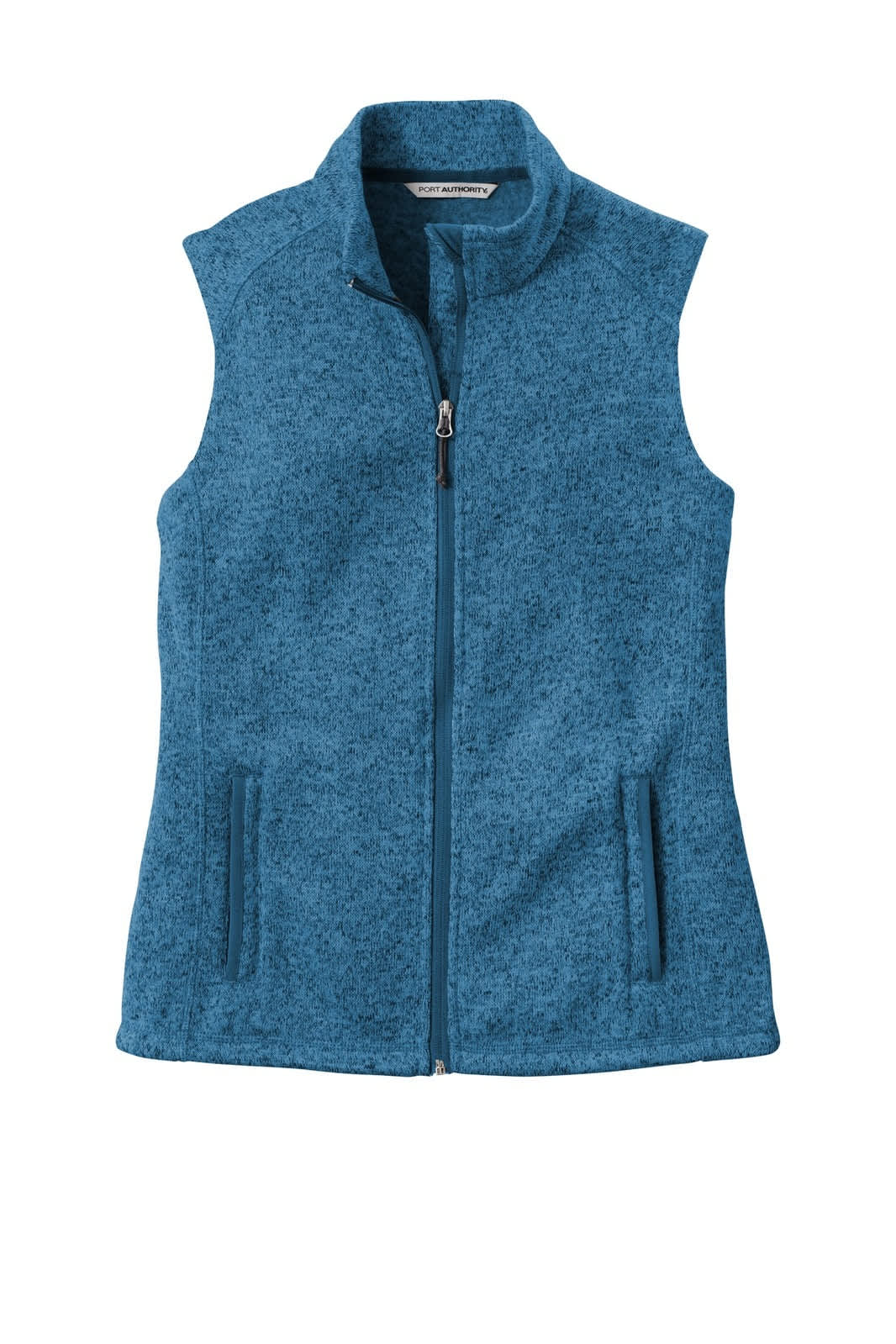 A blue sweater fleece vest with a zip front and two side pockets. It features a high collar and has a logo.