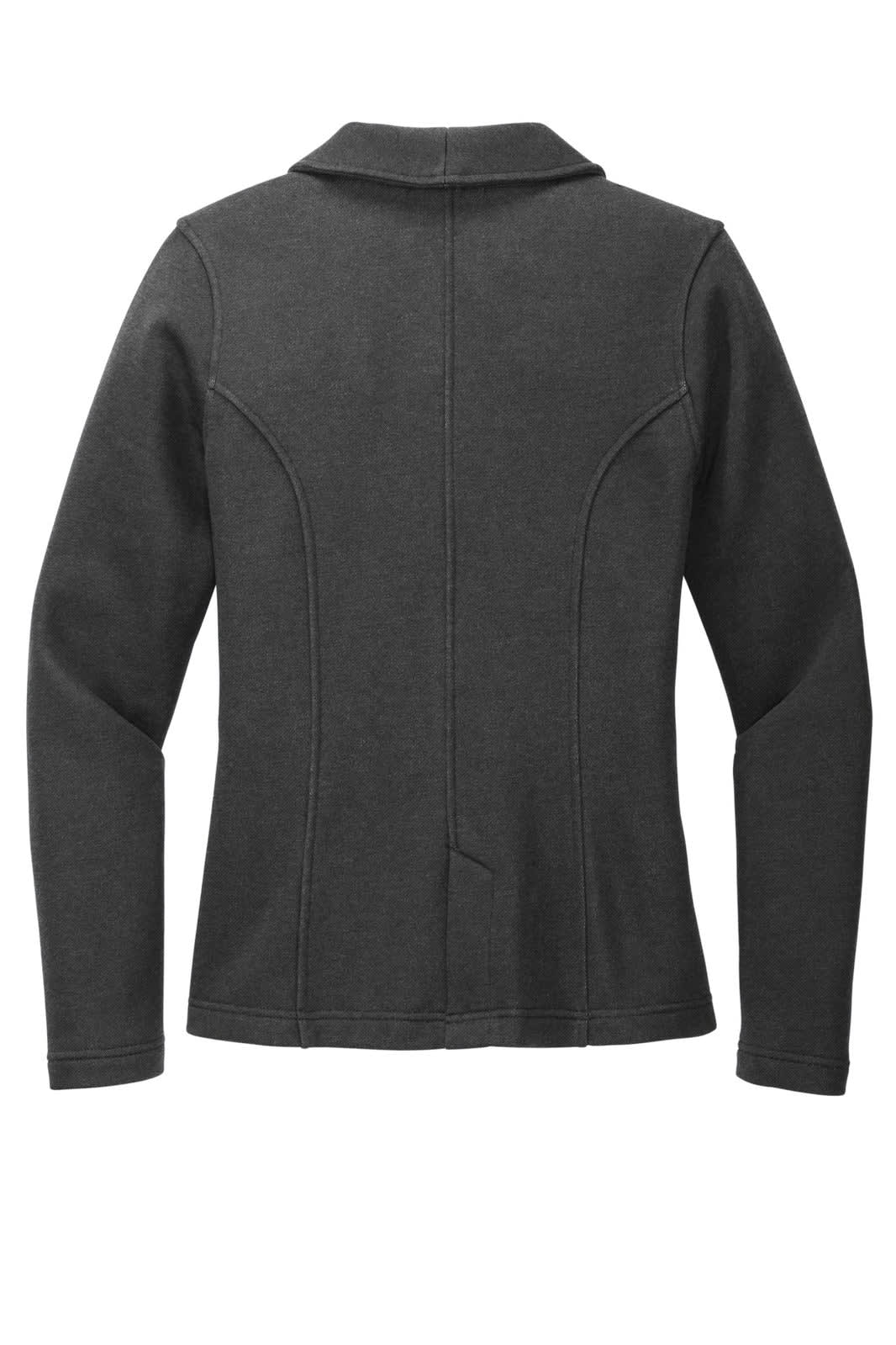 A charcoal grey fleece blazer featuring a fitted design and a collar, with a logo on the back.