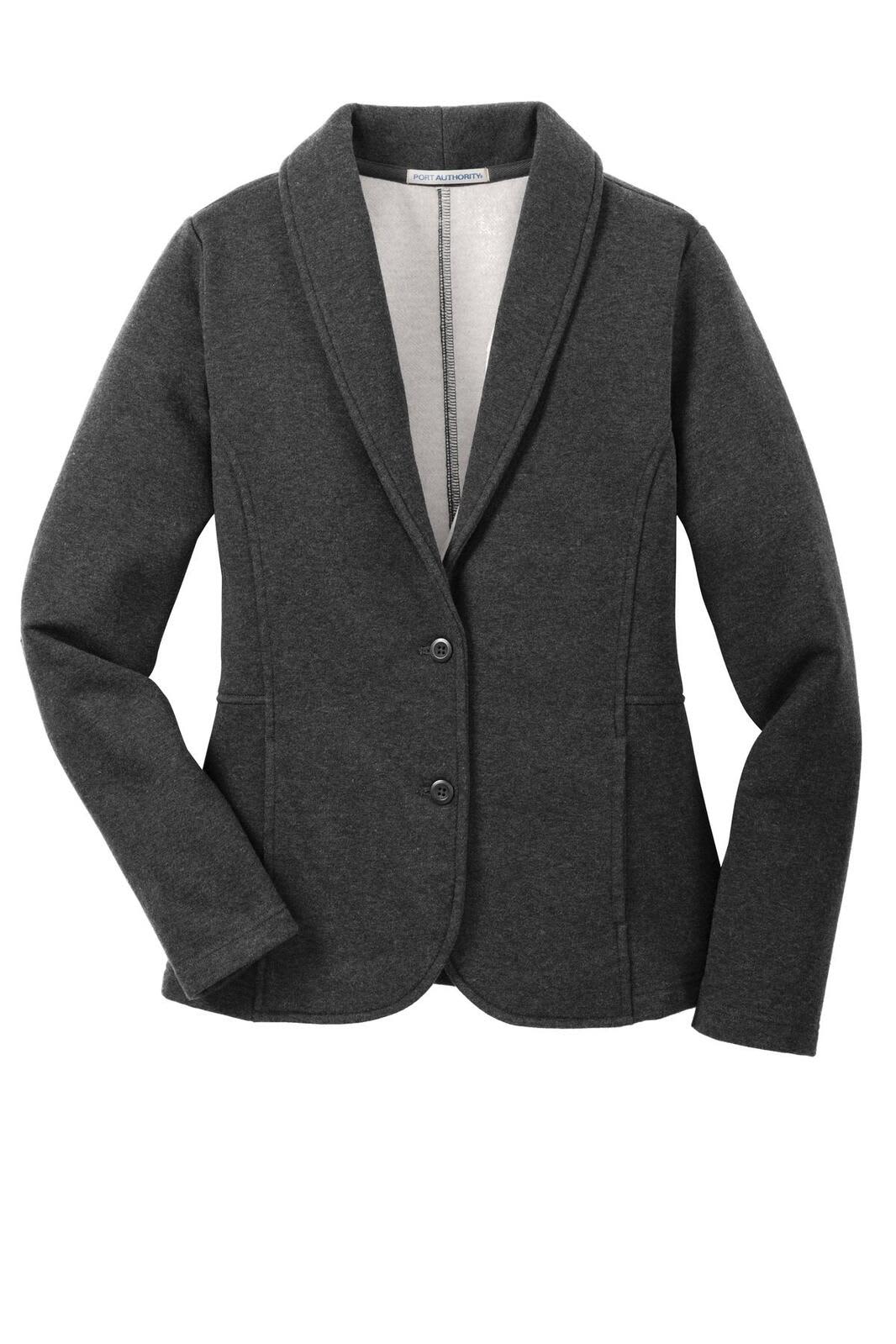 A dark grey fleece blazer with a notched collar, two buttons, and side pockets. It features a logo on the inside.