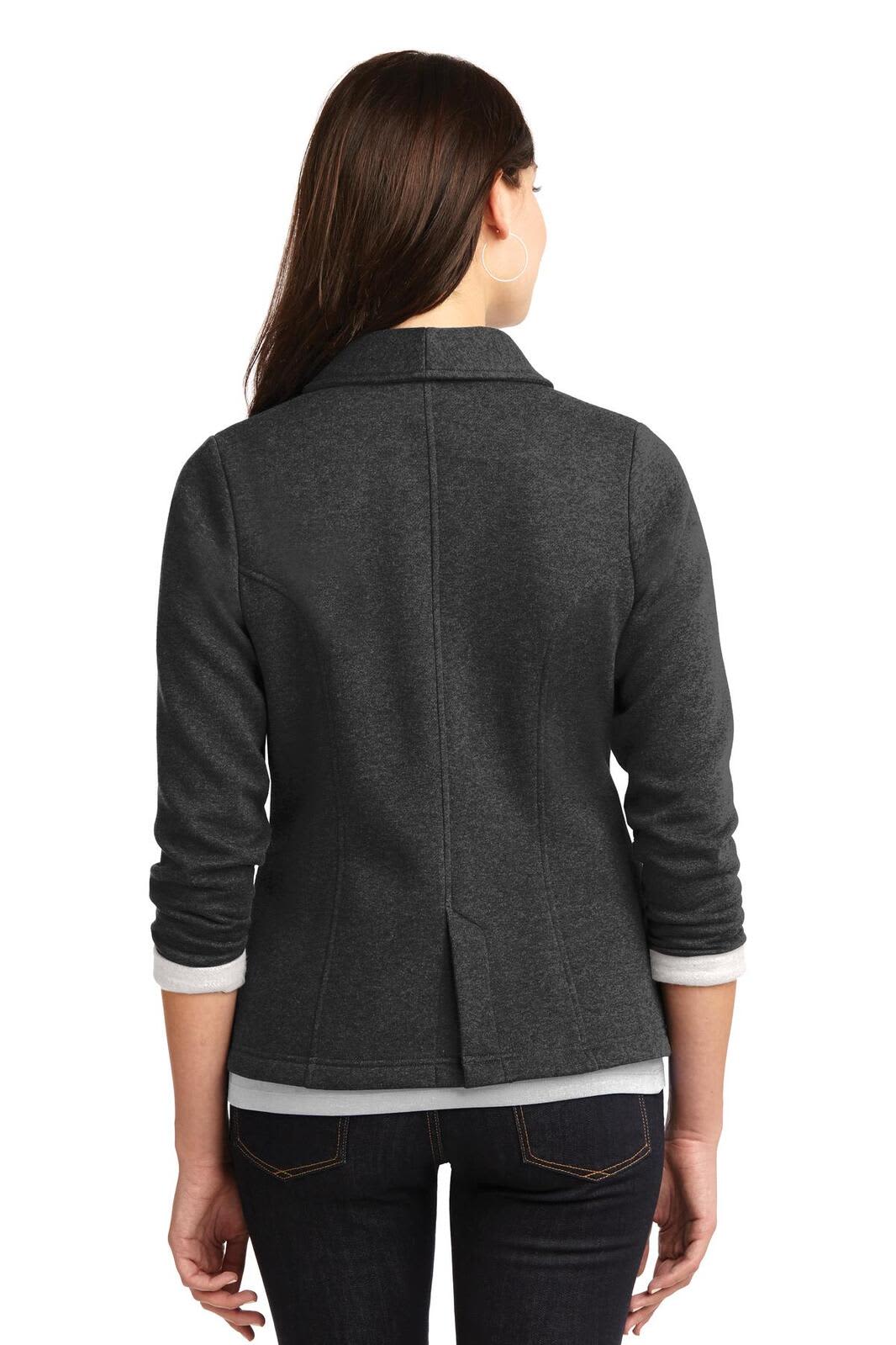 A dark grey fleece blazer for women with a collar and a fitted style, featuring a back vent.