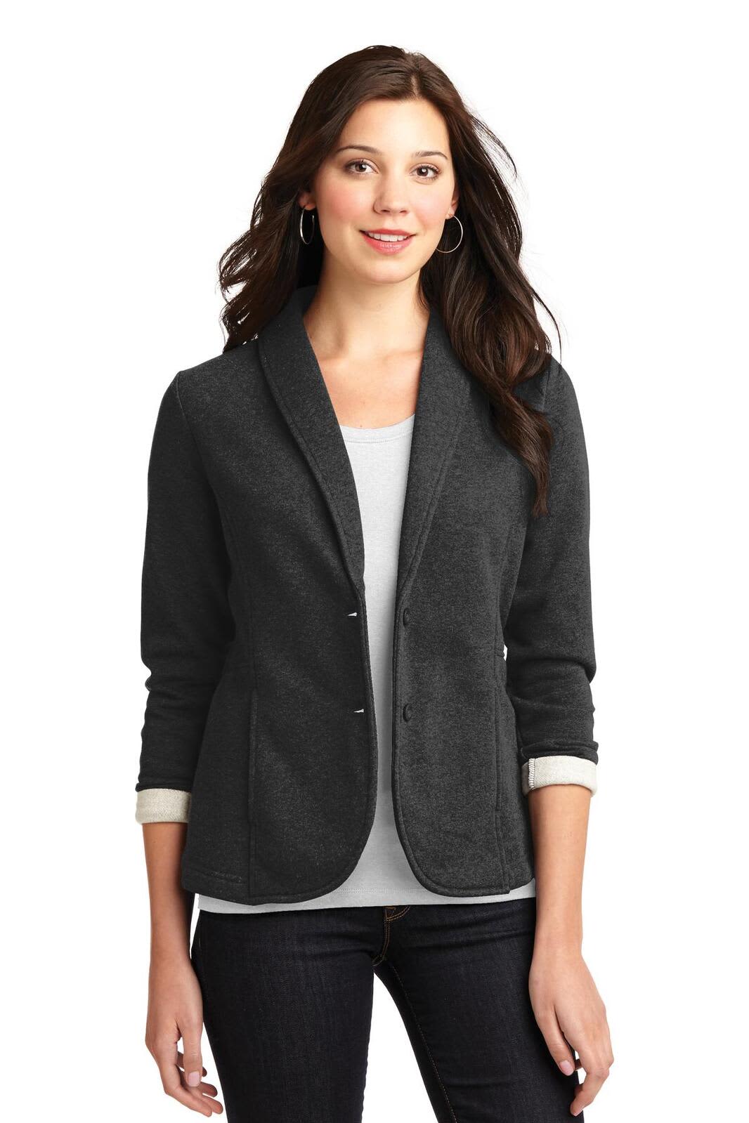 A ladies' fleece blazer in charcoal grey with a stylish collar, featuring a logo. Ideal for smart-casual wear.