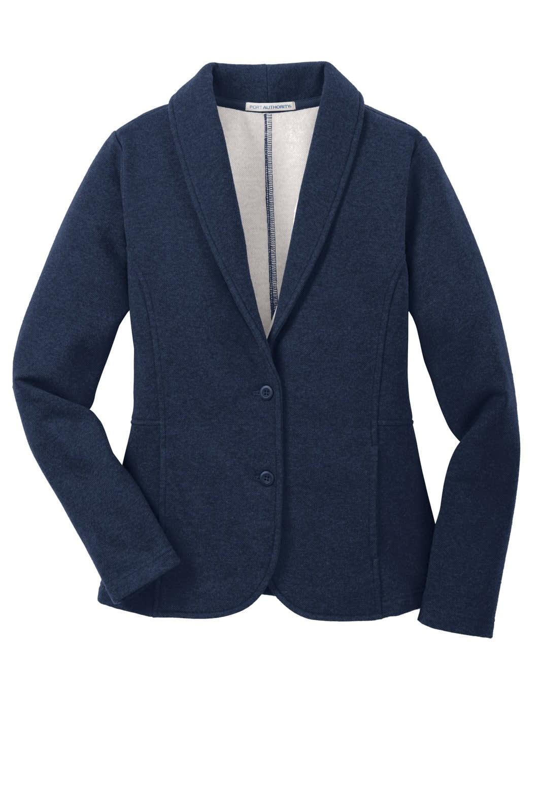 A ladies' blazer in navy fleece with a classic collar and two buttons, featuring a subtle branding logo.
