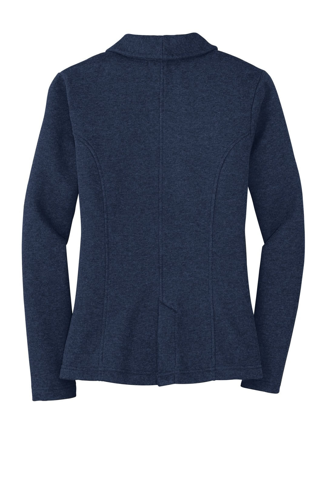 A navy fleece blazer featuring a tailored design and a back vent, suitable for women's outerwear.