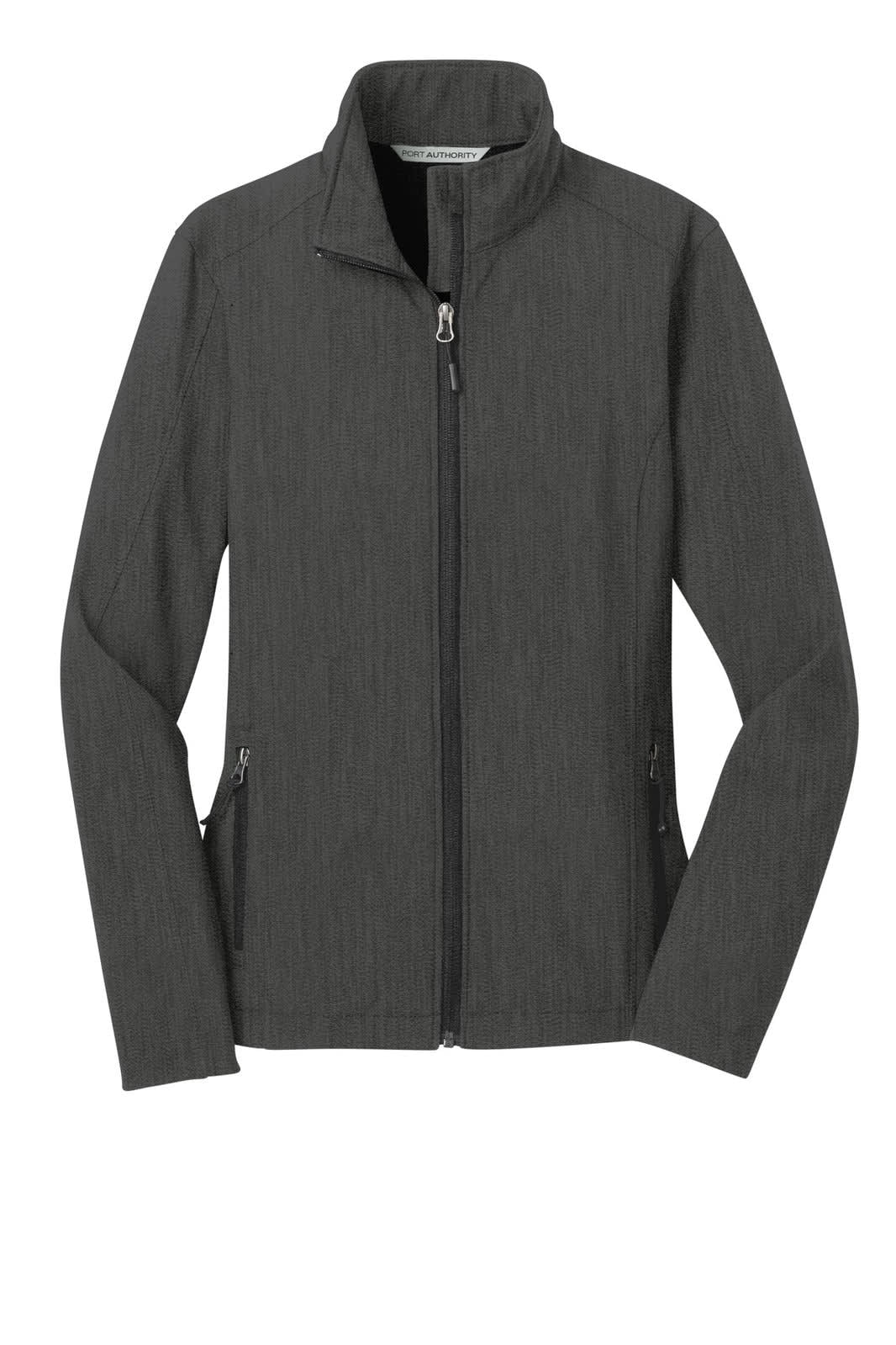 A grey soft shell jacket with a zip front and side pockets, featuring a subtle texture and a sleek design.