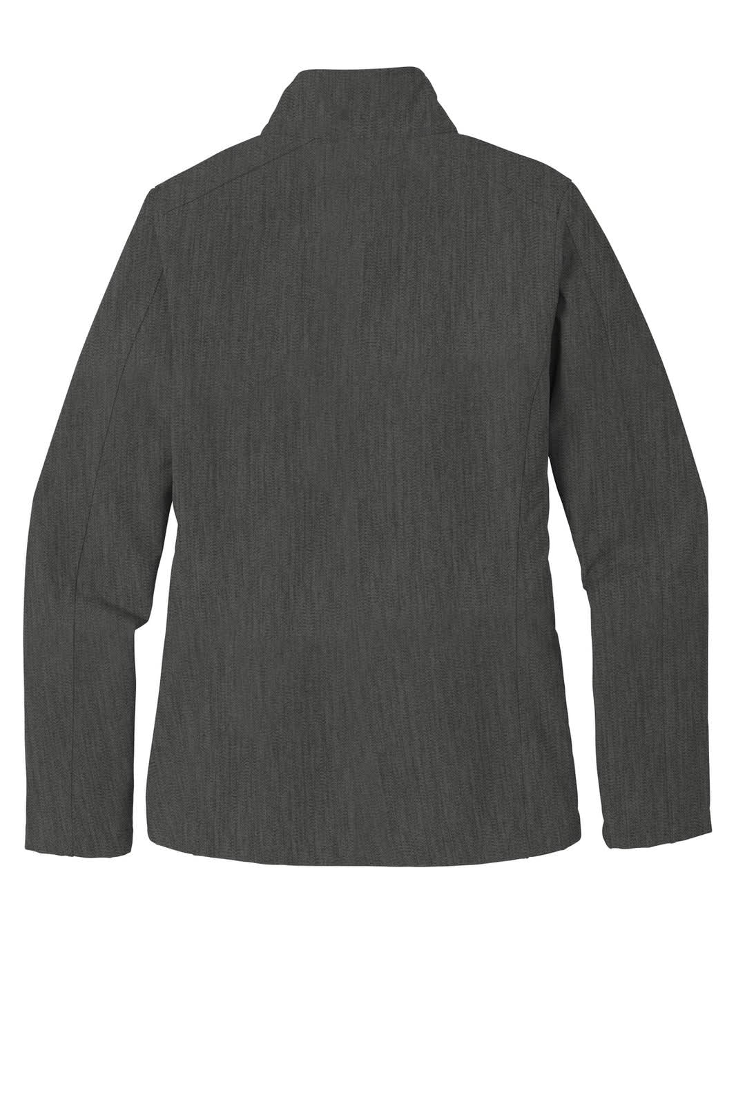 A grey soft shell jacket with a high collar and long sleeves, featuring a logo on the back.