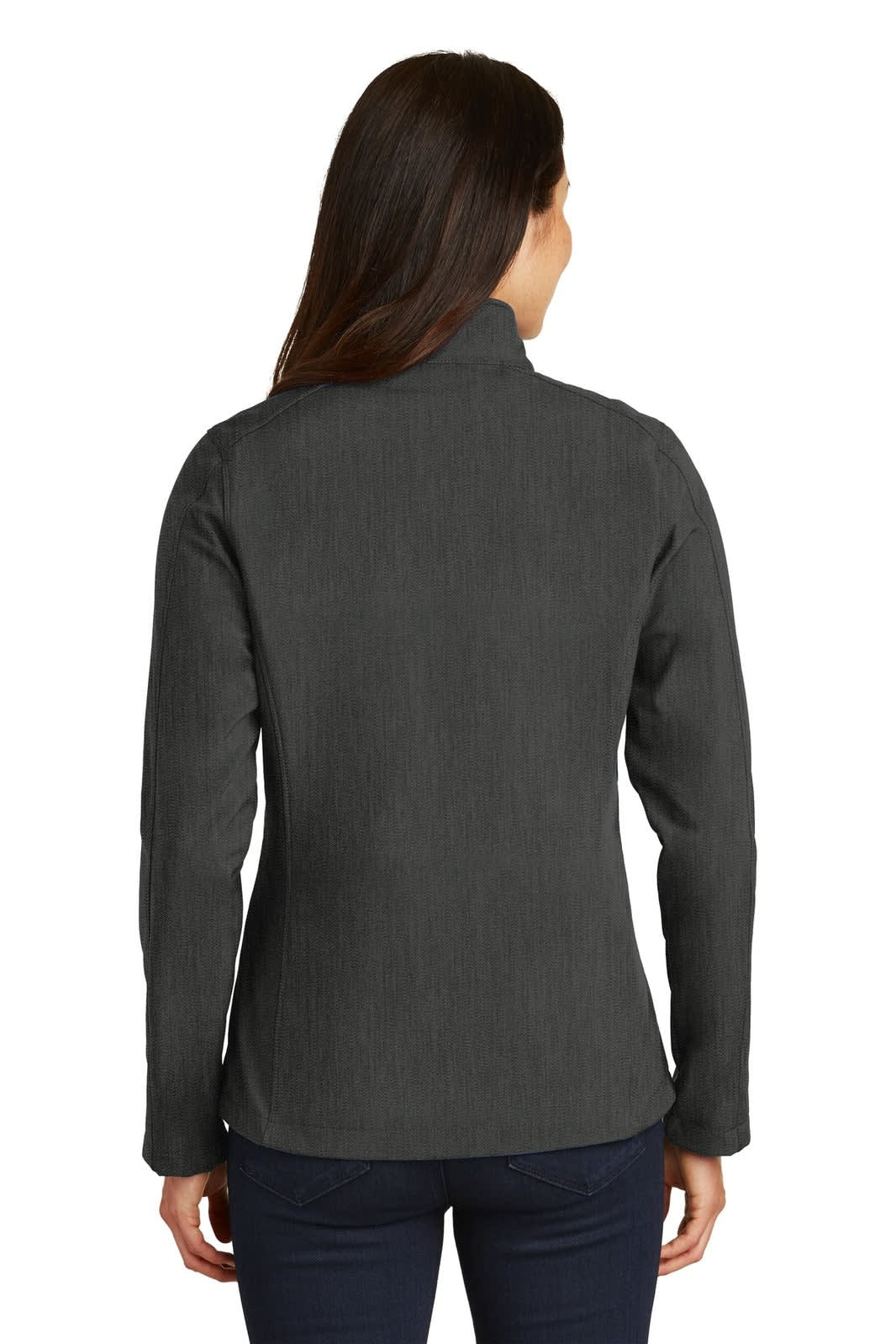 A soft shell jacket in dark grey, featuring a high collar and a fitted design, shown from the back.