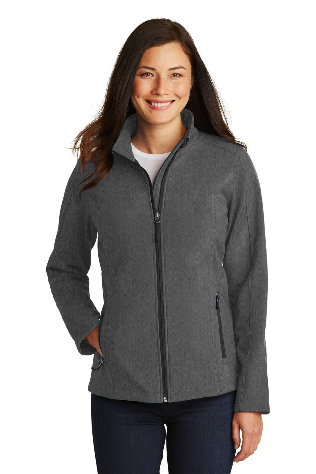 A grey Port Authority ladies soft shell jacket with a zip front and pockets, featuring a small logo.