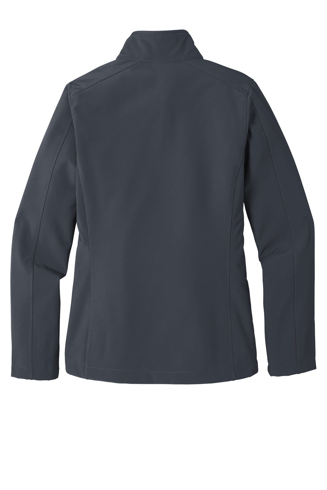 A soft shell jacket in dark grey, featuring a sleek back design and a collar, with a logo present.