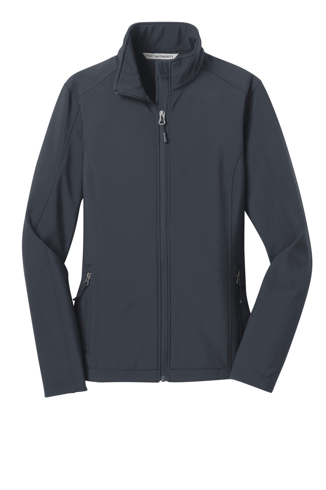 A dark grey soft shell jacket with a zip front, stand collar, and side pockets. It features a logo.