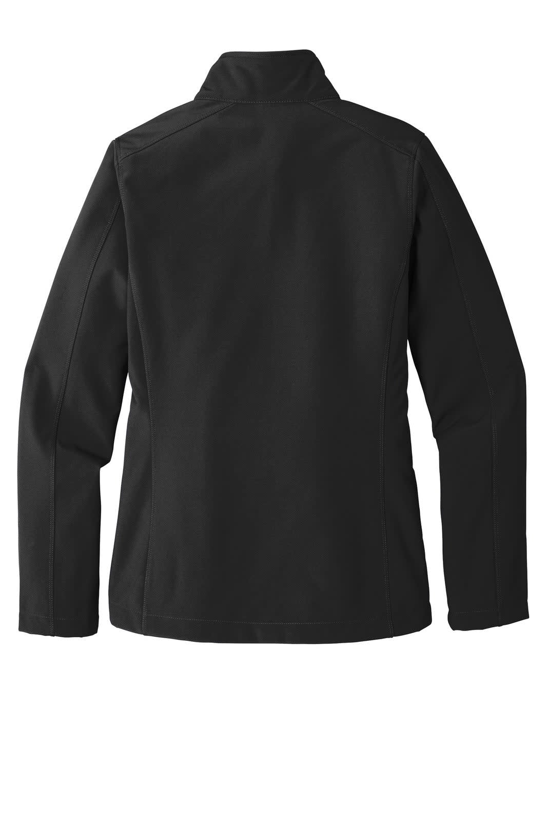 A black soft shell jacket with a high collar and a smooth finish, featuring a logo on the back.