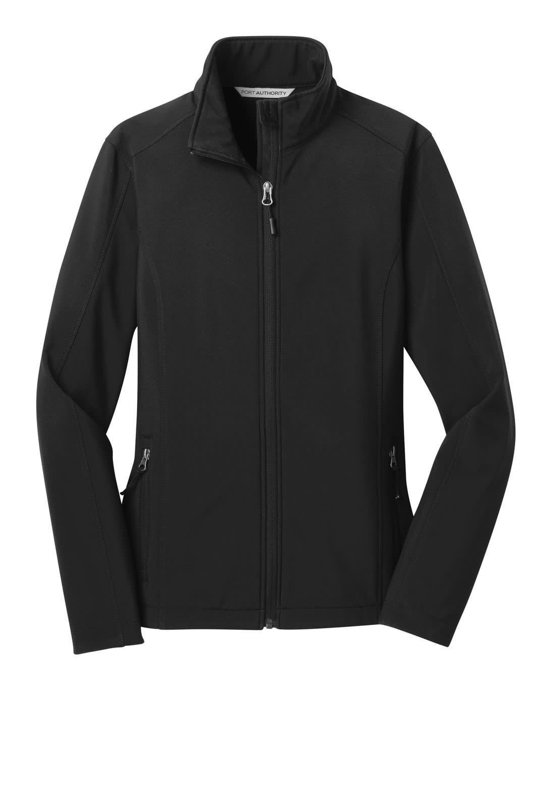 A black soft shell jacket with a zip front, side pockets, and a fitted design. It features a logo on the chest.
