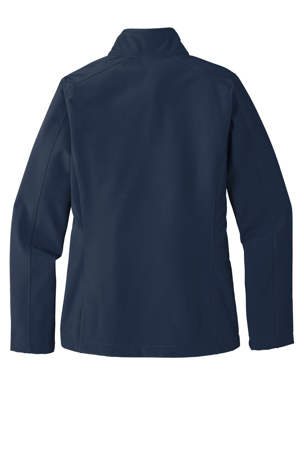 A navy soft shell jacket with a sleek design and a high collar, featuring a logo on the back.