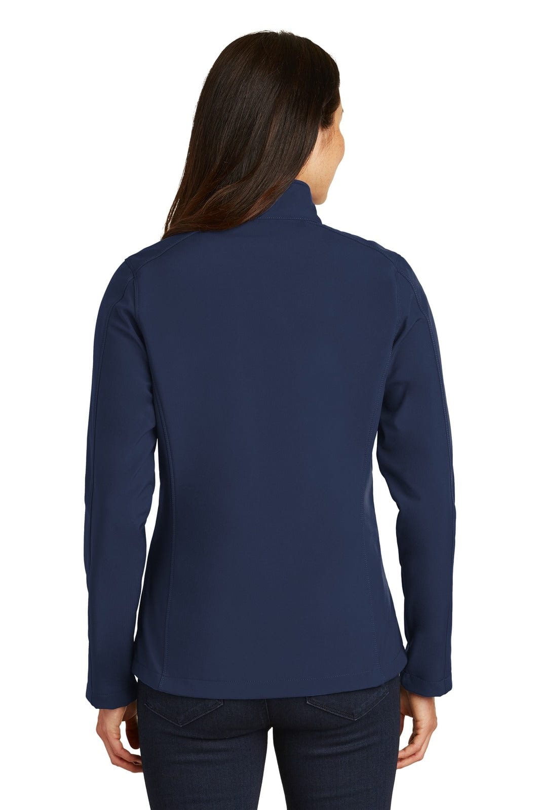 A navy blue ladies' soft shell jacket with a high collar and fitted design, featuring a logo.