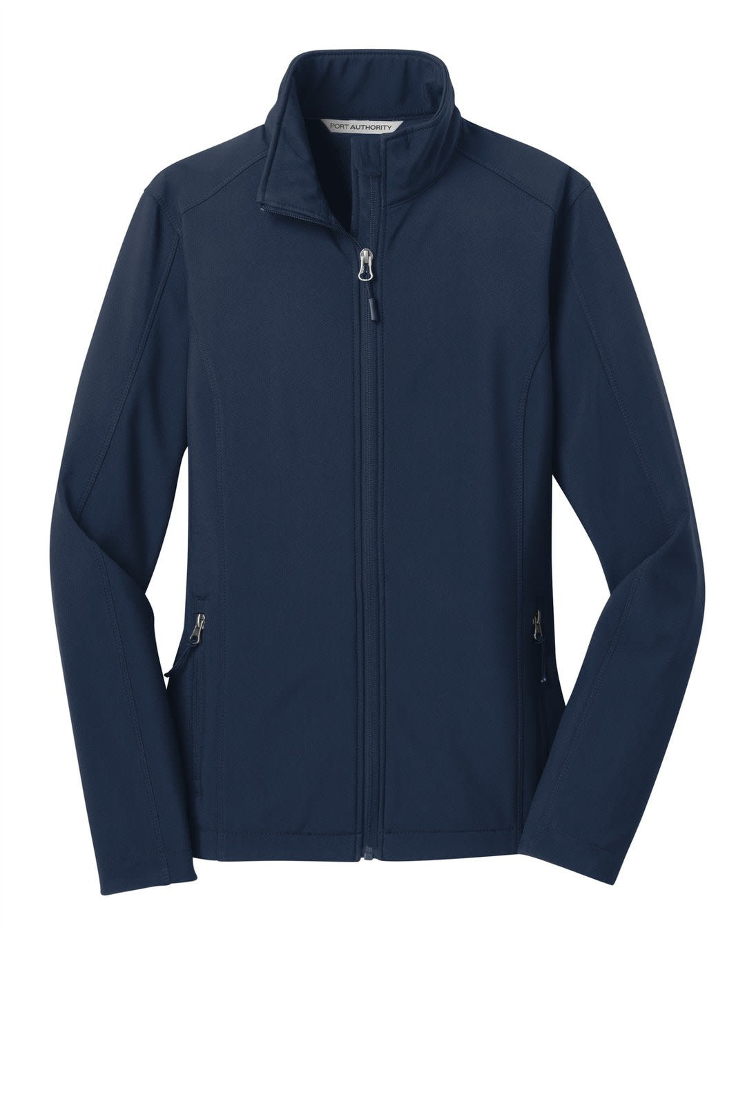 A navy blue soft shell jacket featuring a zip front and side pockets, with a logo on the breast.