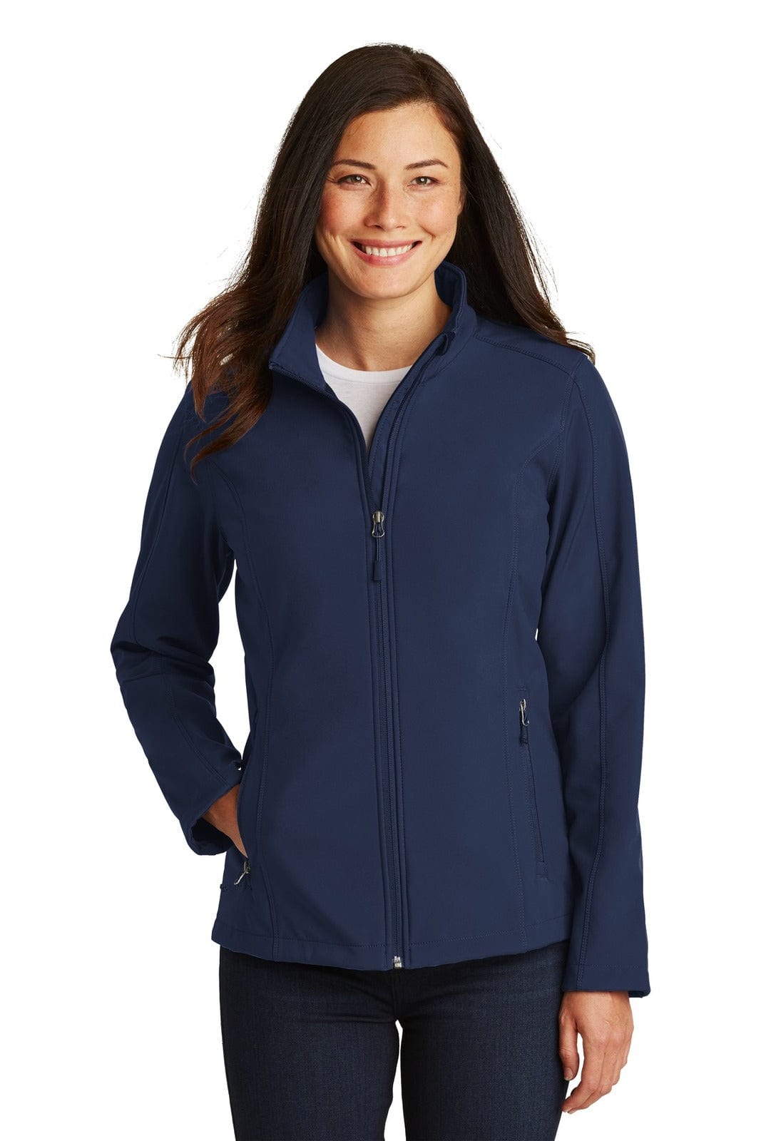 A navy soft shell jacket for ladies, featuring a zip front and side pockets, with a logo.