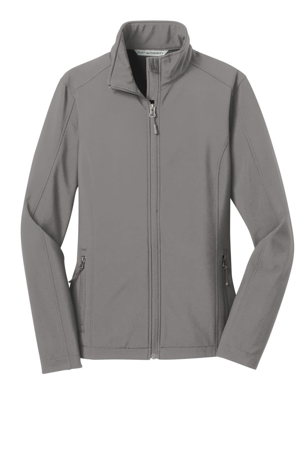 A grey Port Authority ladies' soft shell jacket with a collar and zippered front, featuring side pockets.