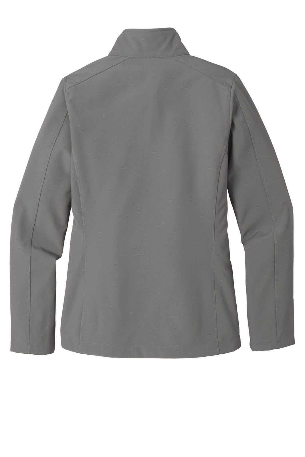 A grey ladies' soft shell jacket with a sleek design and a high collar, featuring a back view and no visible logos.