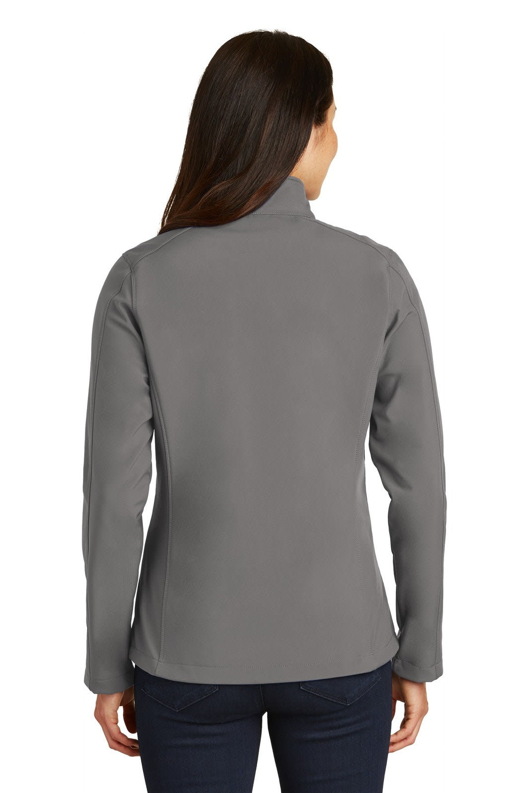 A grey soft shell jacket for women, featuring a high collar and a fitted style. It has a logo on the back.