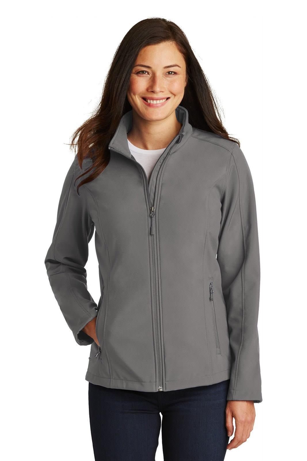 A grey soft shell jacket for women featuring a zip front and high collar, with a logo on one side.