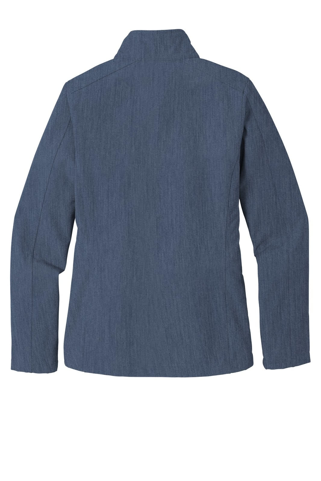 A soft shell jacket in a dark blue hue, featuring a simple design and a collar. It has a branding logo.