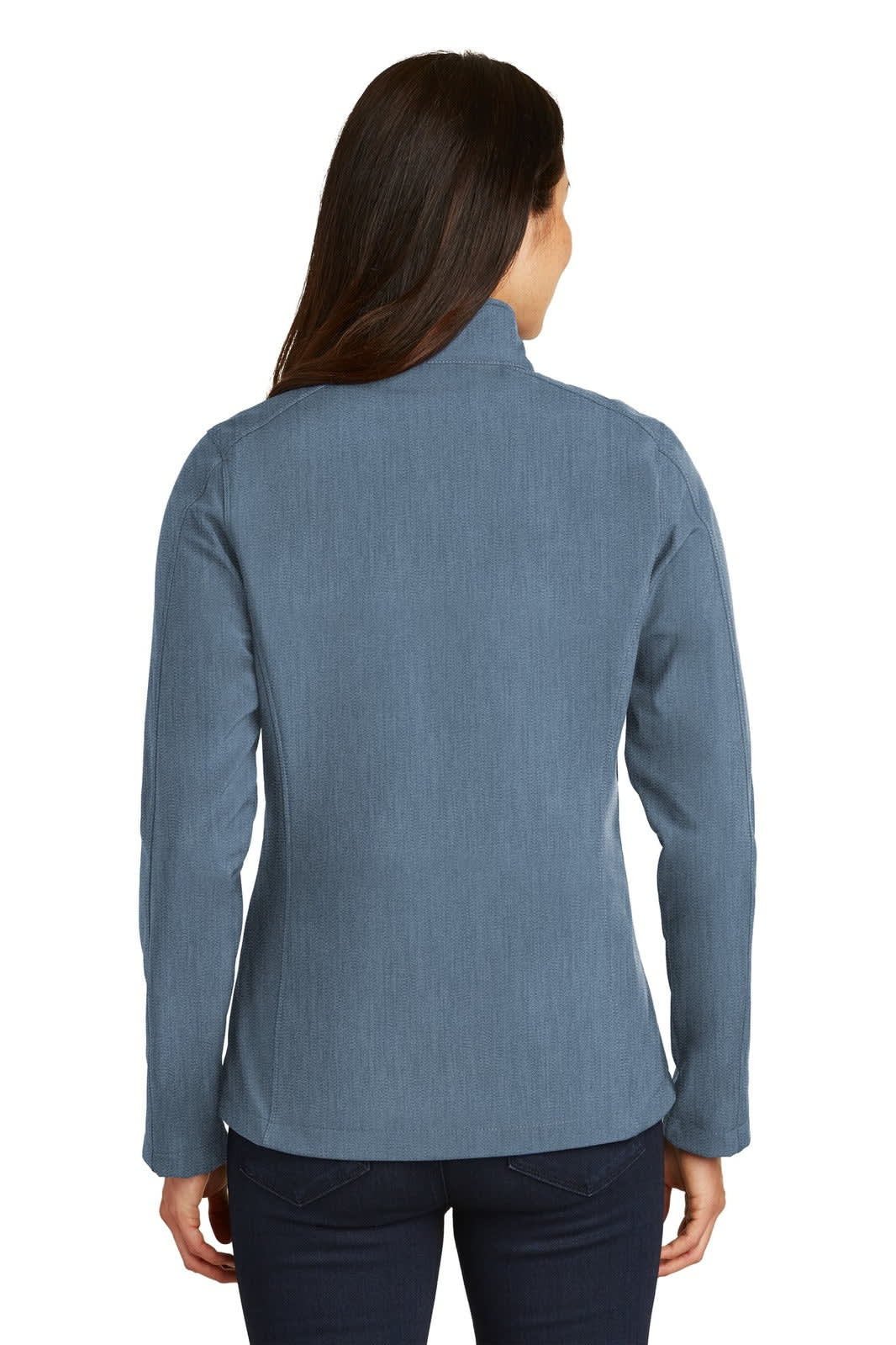 A blue ladies' soft shell jacket with a high collar and long sleeves, featuring a logo on the back.