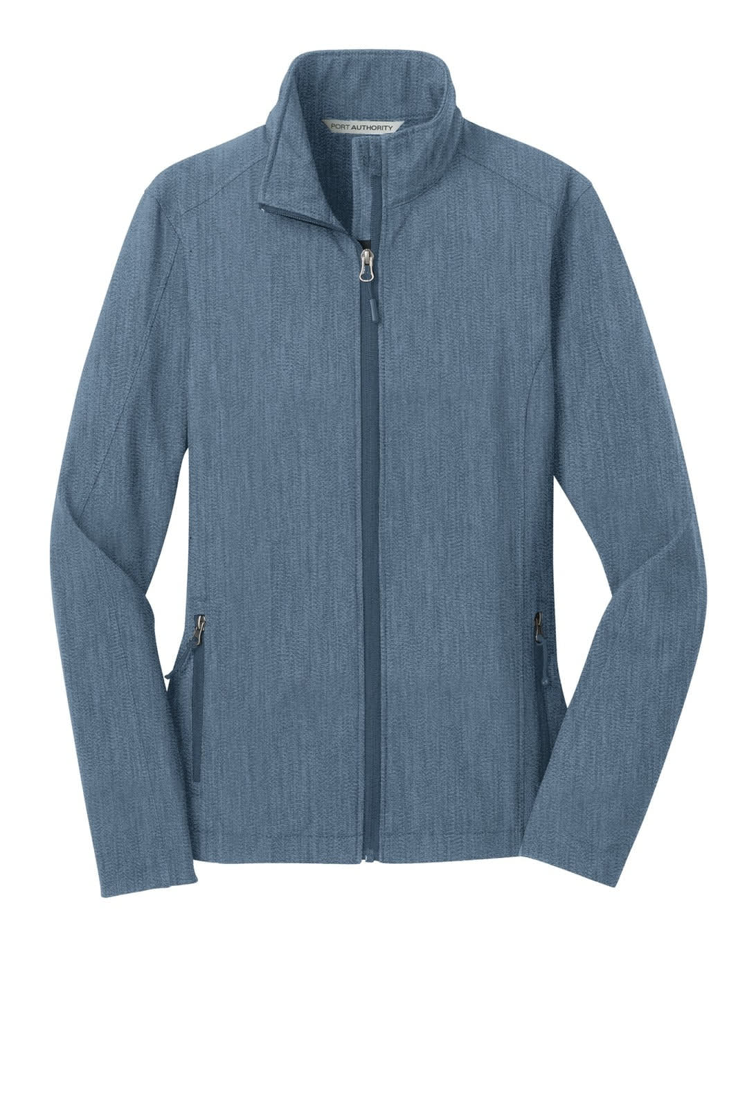 A soft shell jacket in a light blue hue with a zip-up front and two side pockets, featuring a logo.
