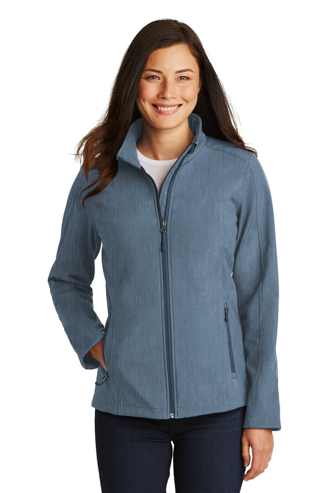 A soft shell jacket in light blue, featuring a zip front and side pockets, with a logo on the sleeve.
