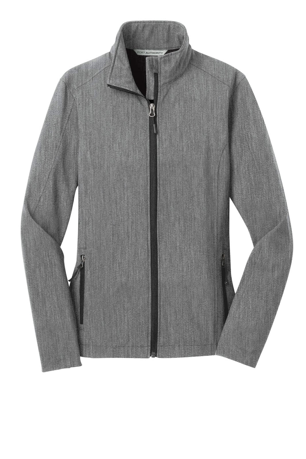 A grey soft shell jacket featuring a zip front and side pockets, with a high collar and a logo.