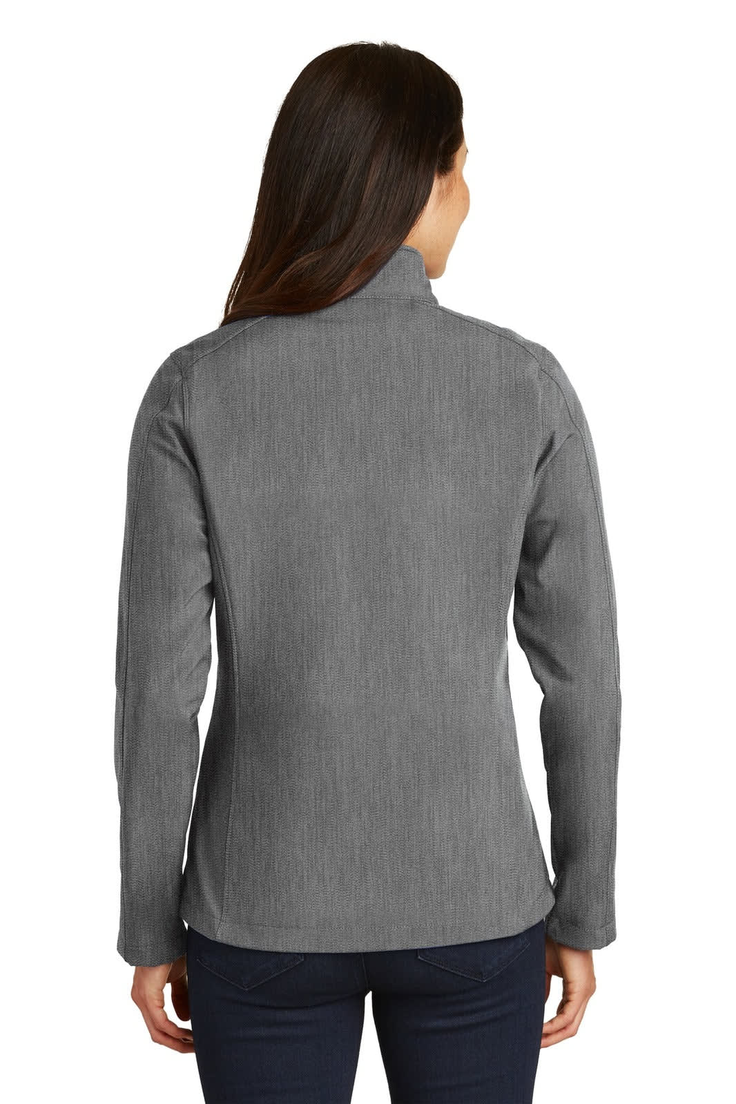 A grey soft shell jacket with a high collar, featuring a subtle texture and a fitted design.