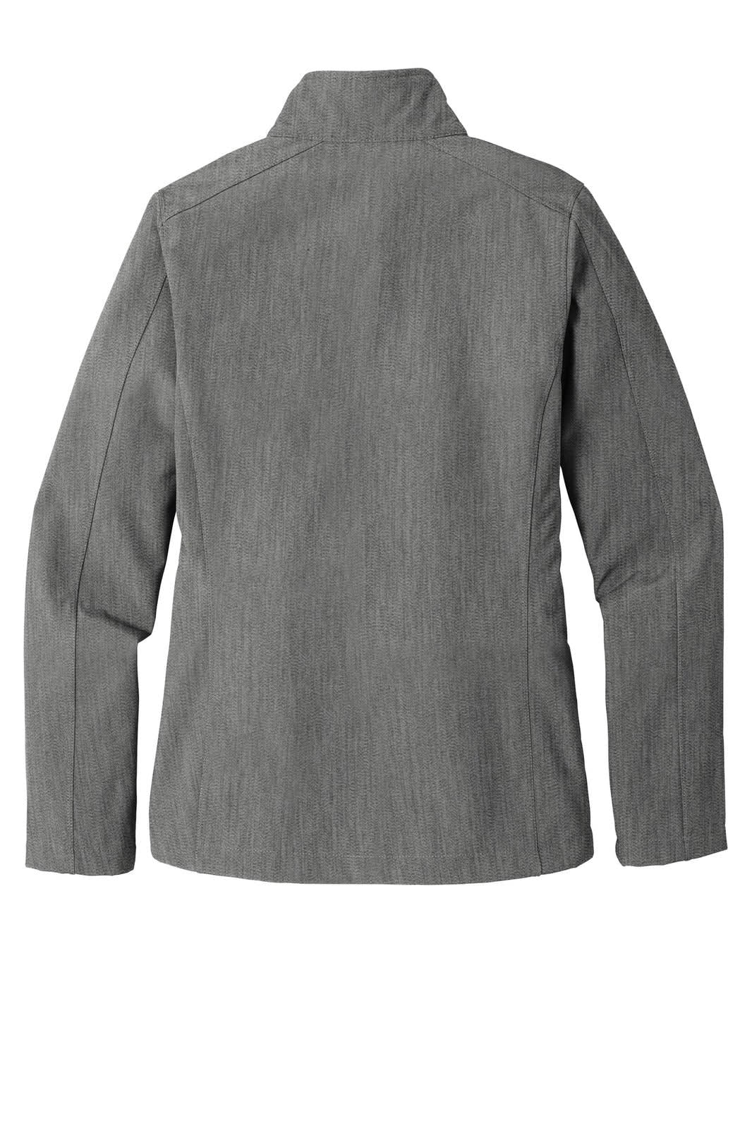 A grey Port Authority Ladies Core Soft Shell Jacket with a collared back view. Features a logo on the back.
