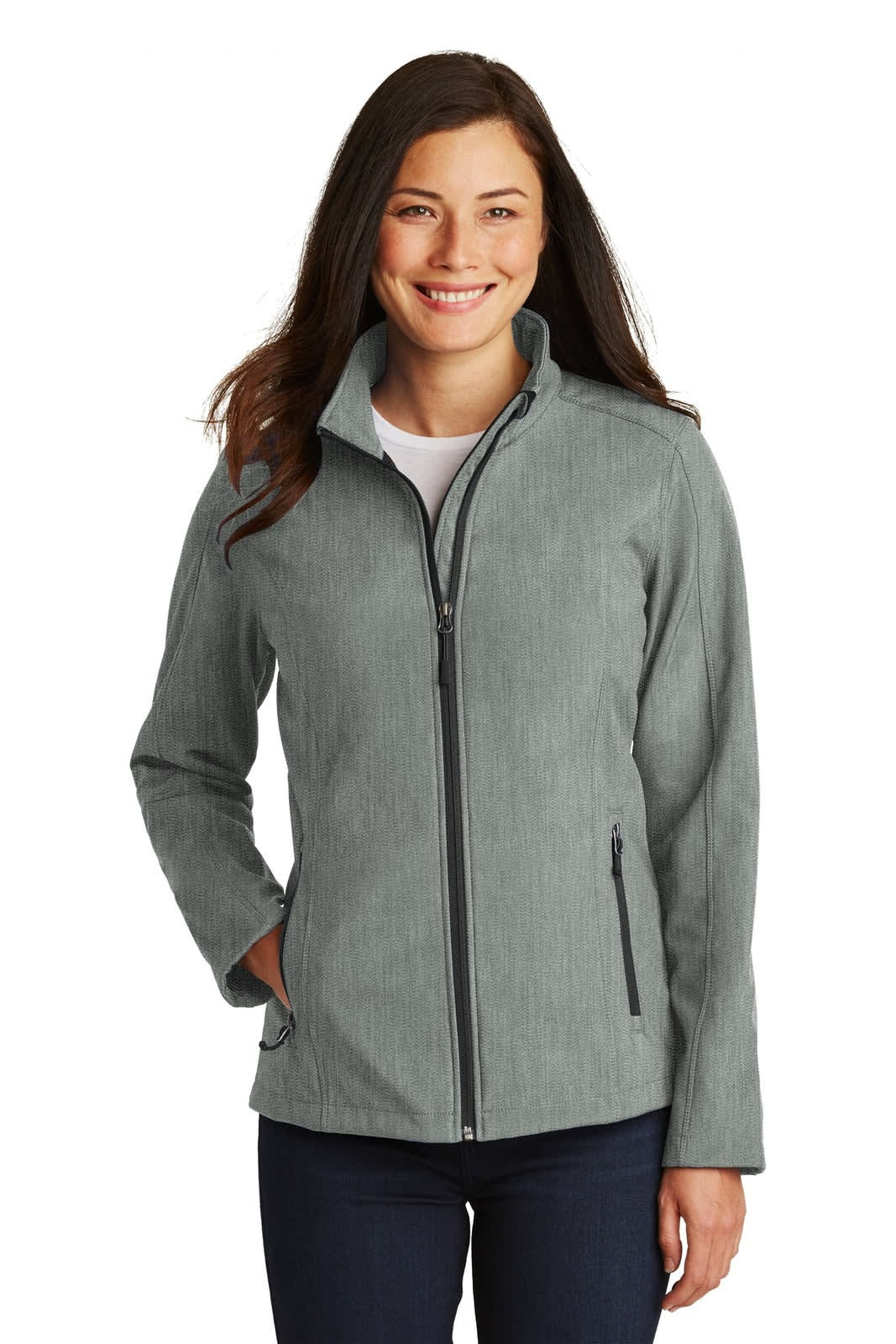 A soft shell jacket in a light grey colour, featuring a zip front and side pockets, worn by a model.