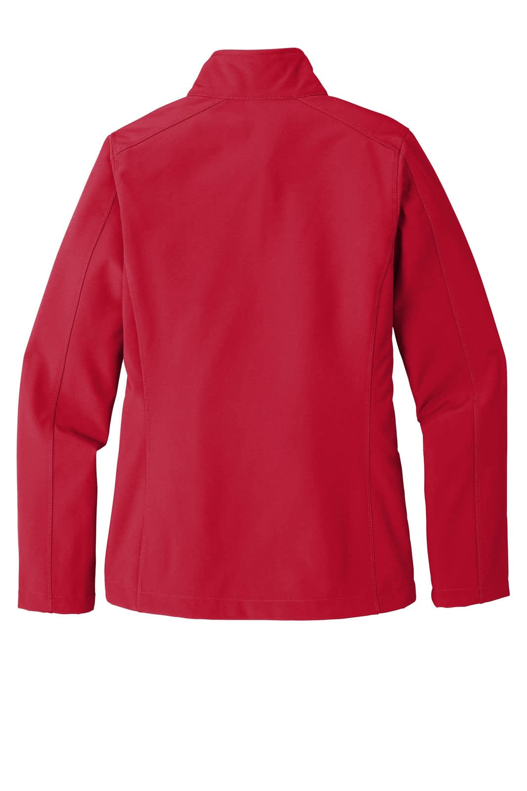 A red women's soft shell jacket featuring a high collar and a smooth back design. It has a logo on the jacket.