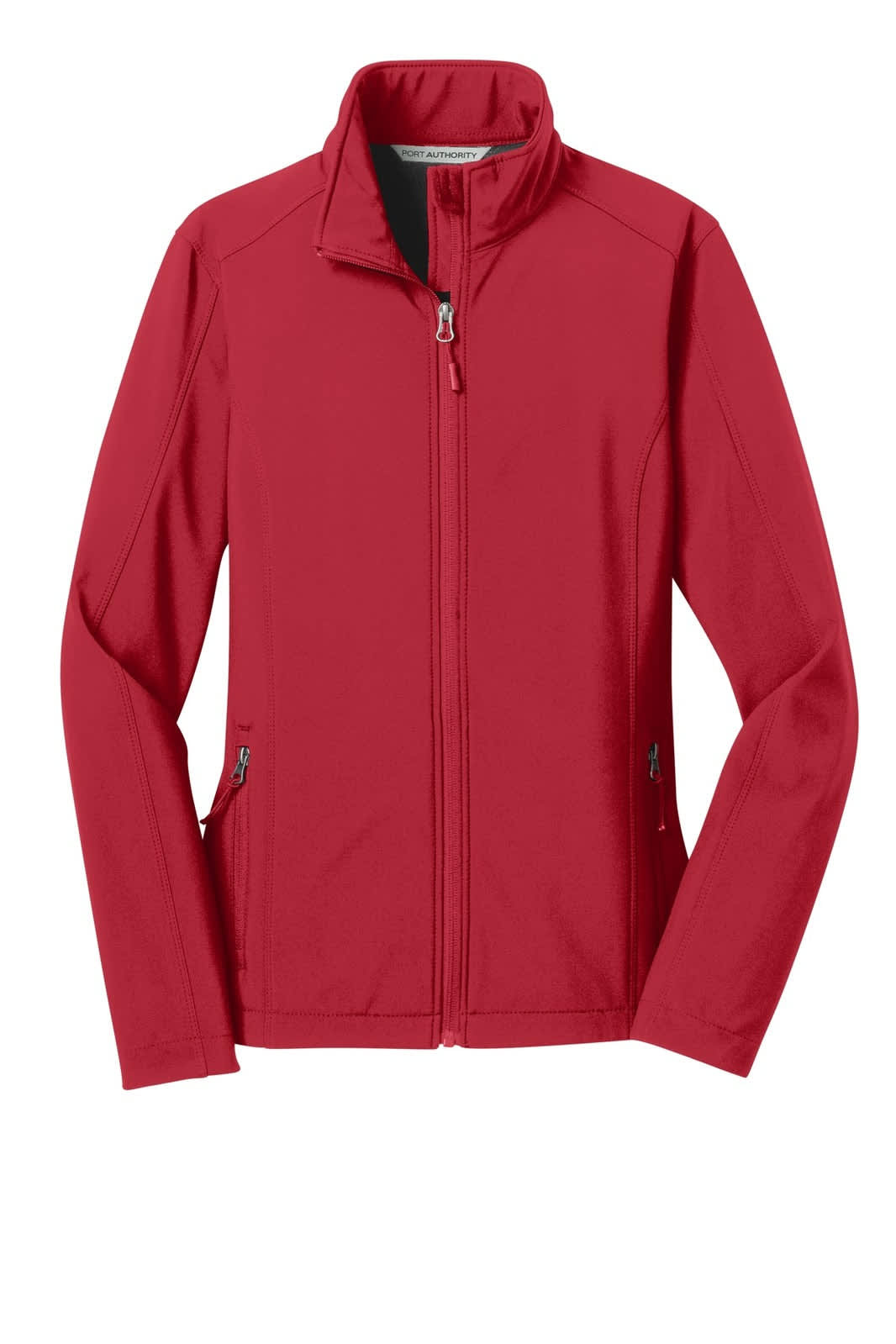 A red soft shell jacket featuring a high collar, zip-up front, and side pockets. It has a logo.