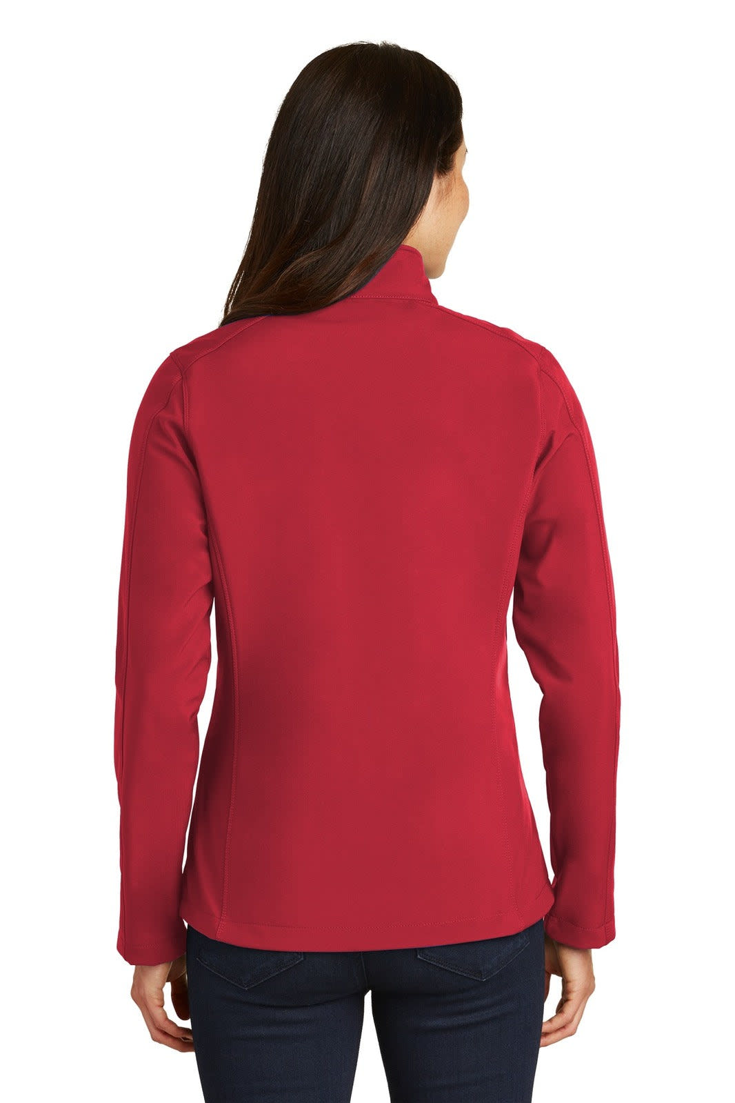 A red soft shell jacket with a high collar, featuring a logo and worn by a person from the back.
