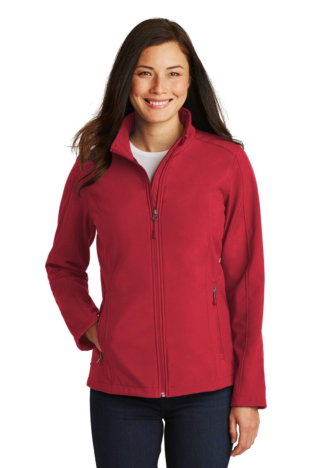 A red soft shell jacket with a zippered front, featuring a collar and a slim fit, modelled by a woman.