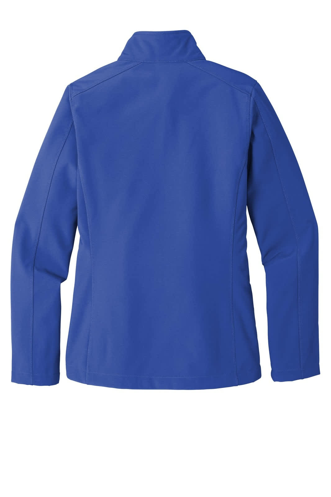 A blue ladies' soft shell jacket with a high collar and smooth back design. Features a logo.