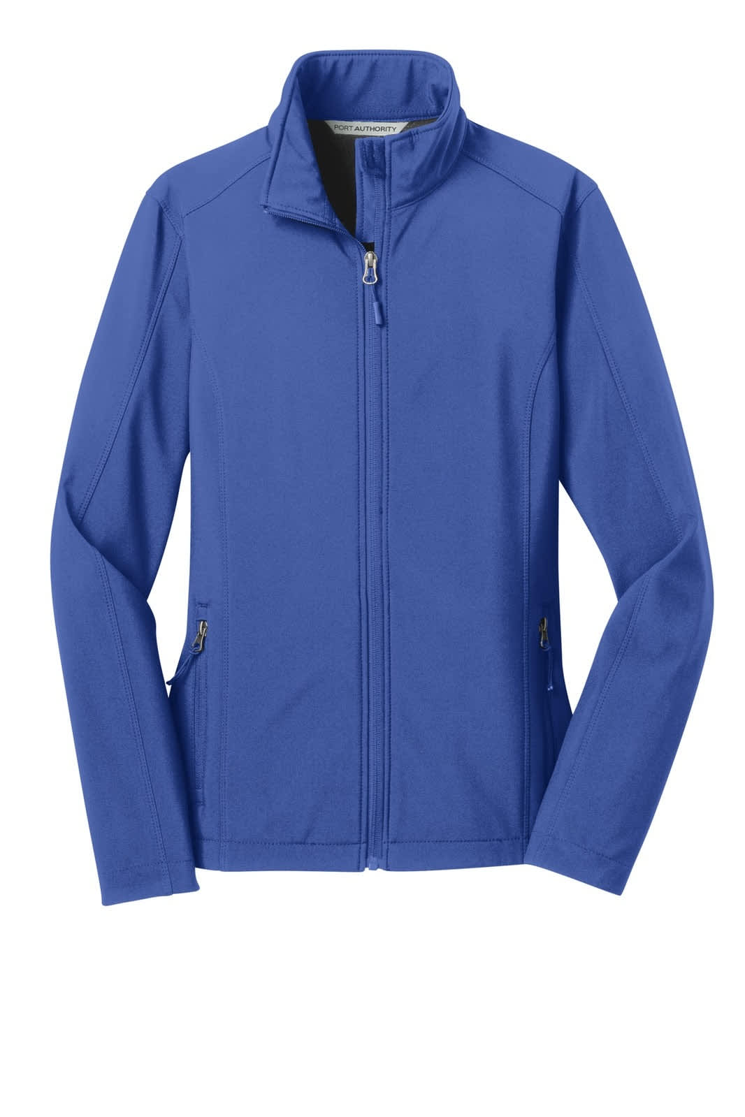 A blue ladies' soft shell jacket featuring a zip front, stand-up collar, and side pockets. It has a logo on it.