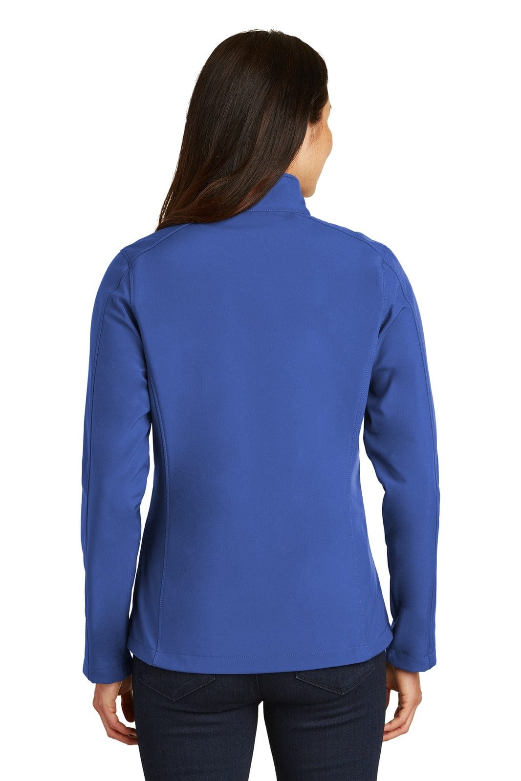 A blue soft shell jacket with a high collar, featuring a branding logo, viewed from the back.