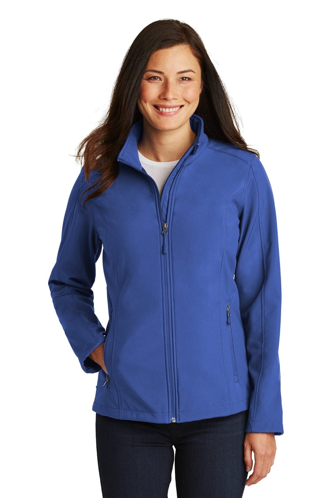 A blue soft shell jacket for ladies with a zip front and side pockets, featuring a logo.