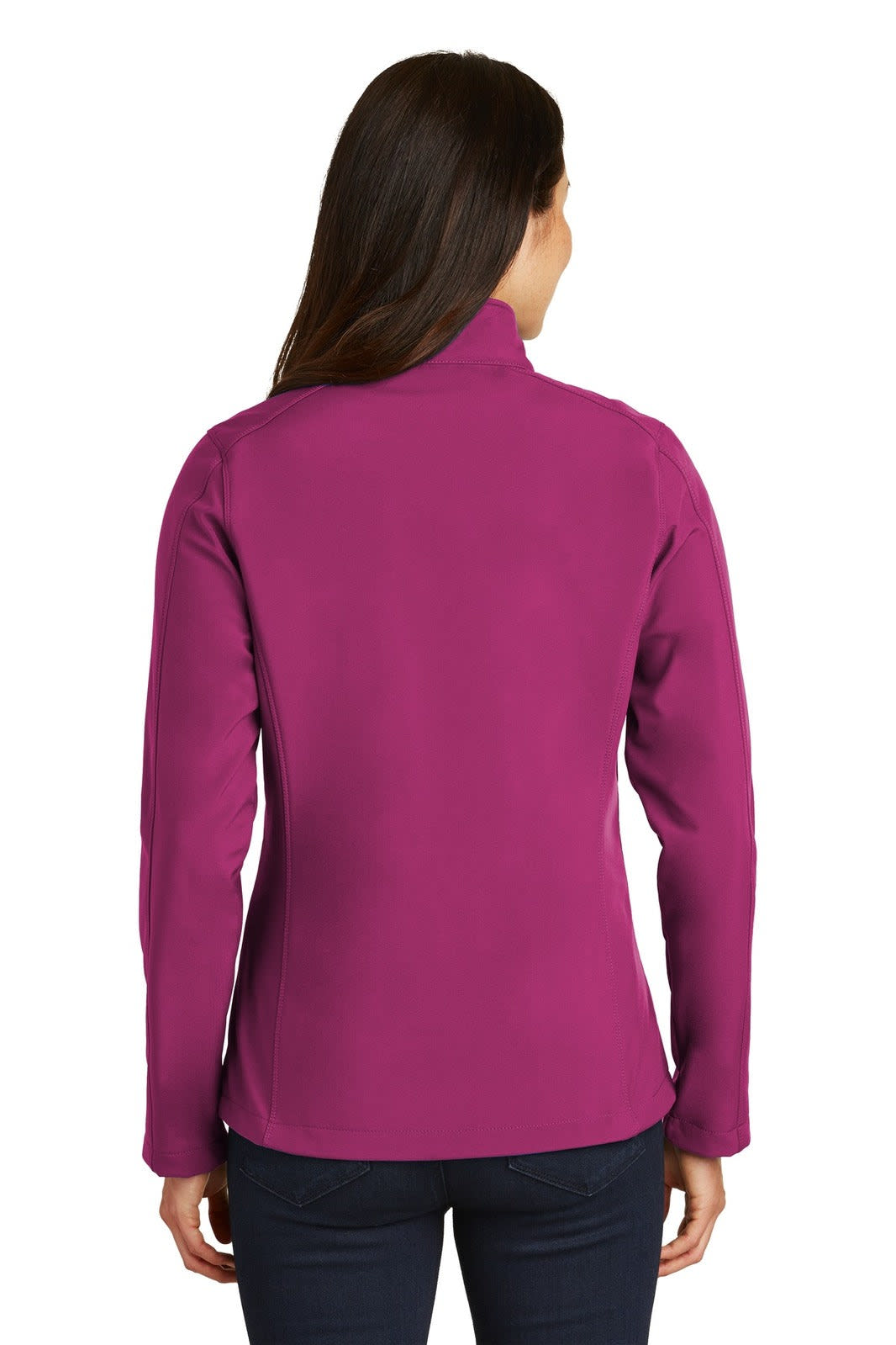 A ladies' soft shell jacket in vibrant purple, featuring a high collar and long sleeves, with a logo on the back.