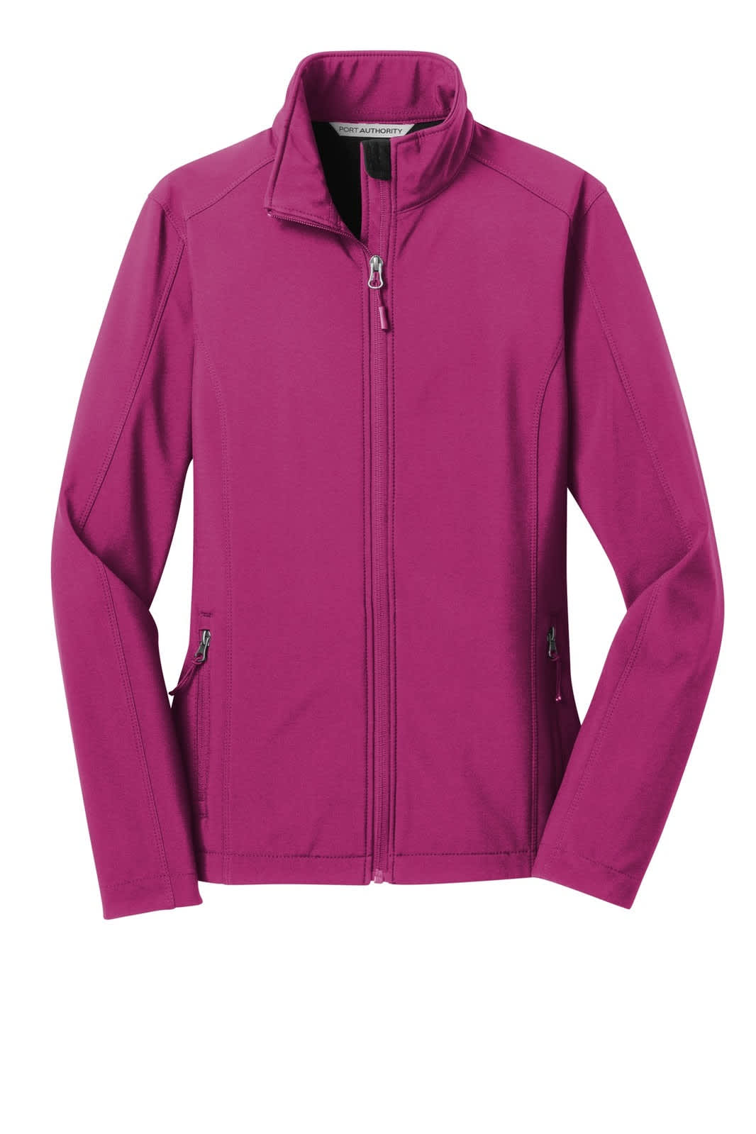 A ladies' soft shell jacket in a vibrant magenta colour, featuring a zip front and side pockets.