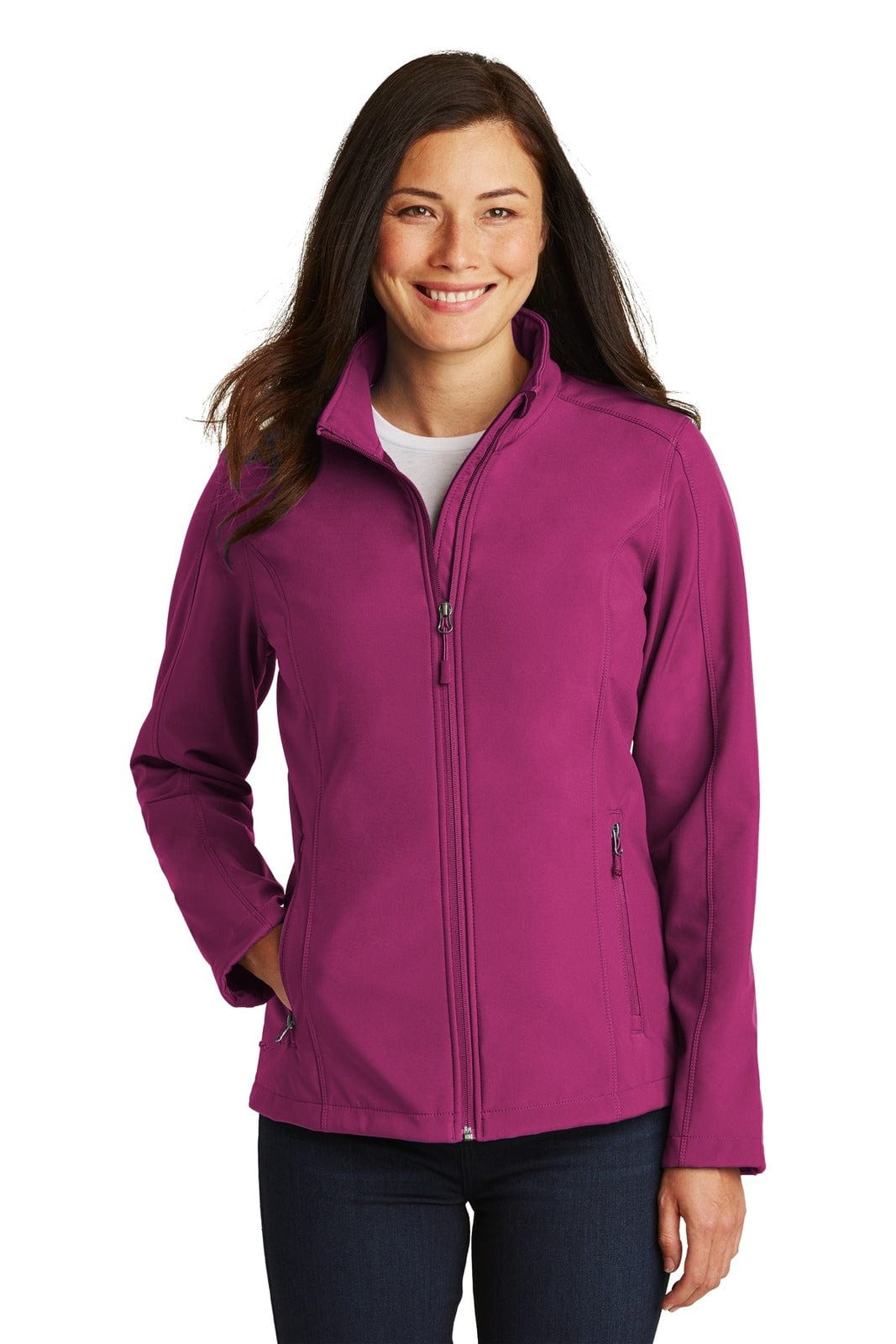 A lady wearing a purple soft shell jacket with a zip front and side pockets, featuring a logo.