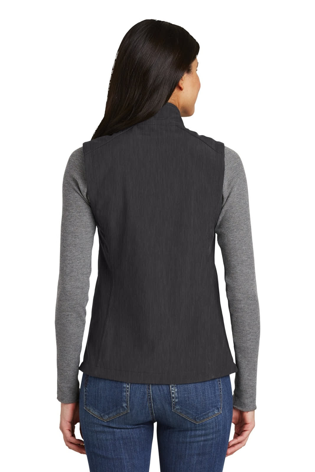 A dark grey soft shell vest displayed from the back, featuring a fitted design.