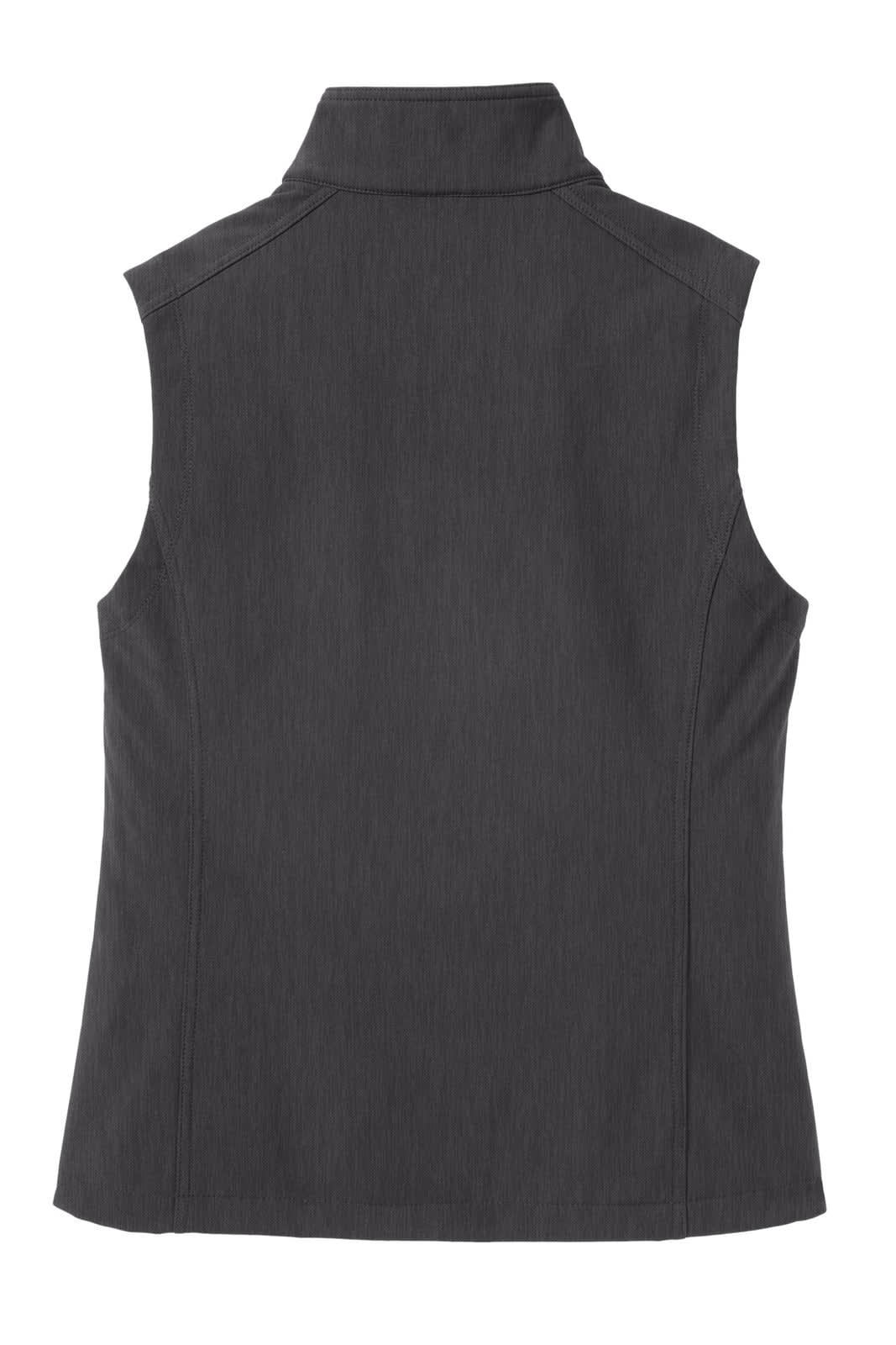 A back view of a dark grey ladies' soft shell vest with a collar and a logo on the back.