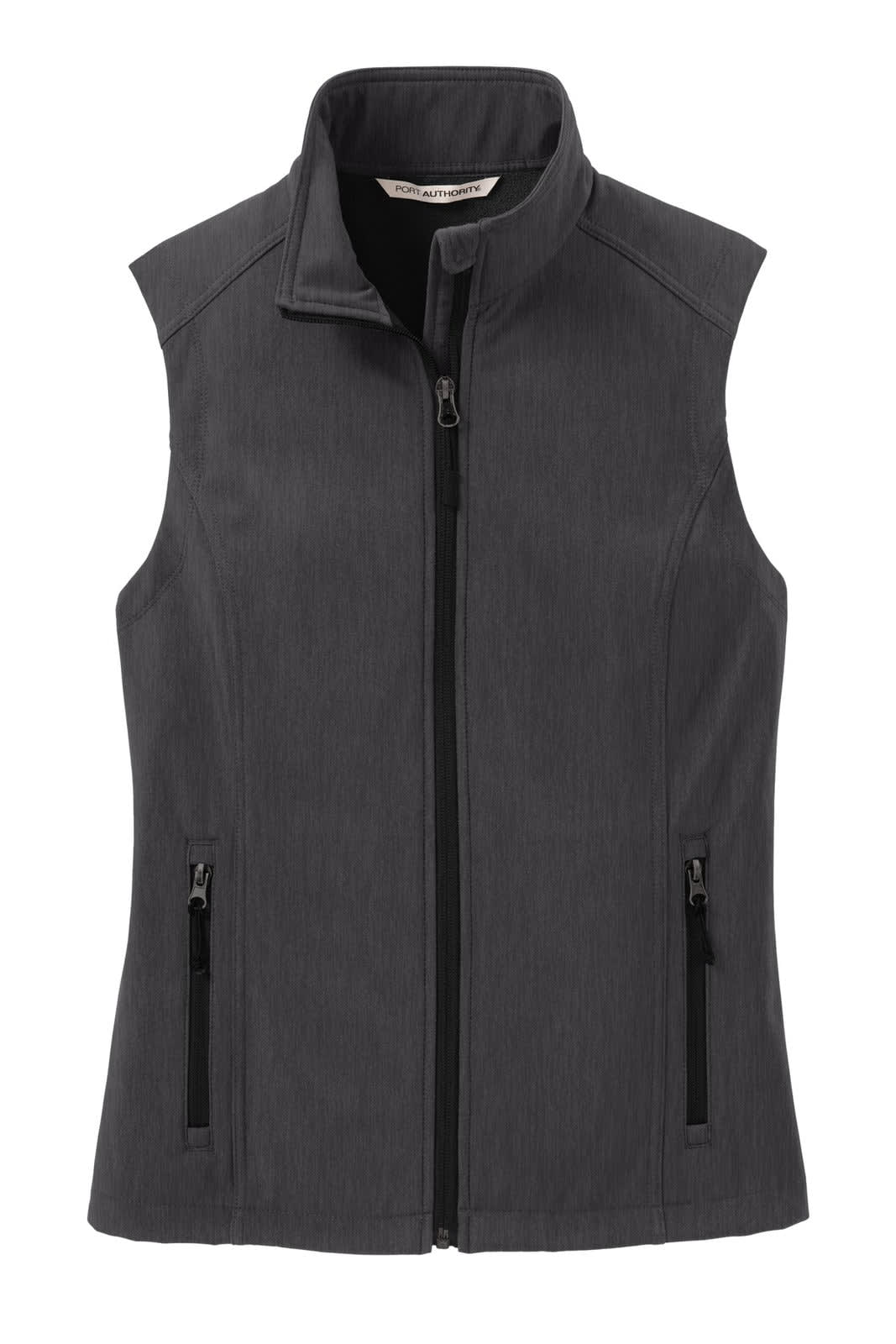 A grey soft shell vest with a zip closure and two front pockets, featuring a simple design and a collar.