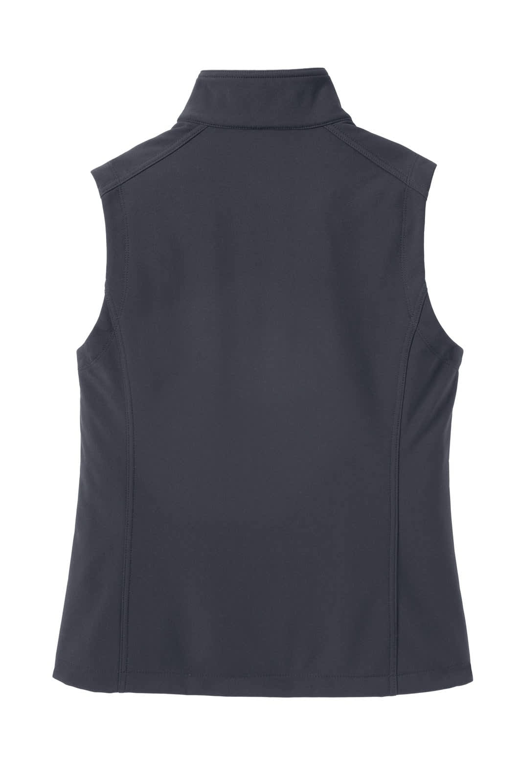 A dark navy soft shell vest featuring a high collar, showcasing a sleek and streamlined design.