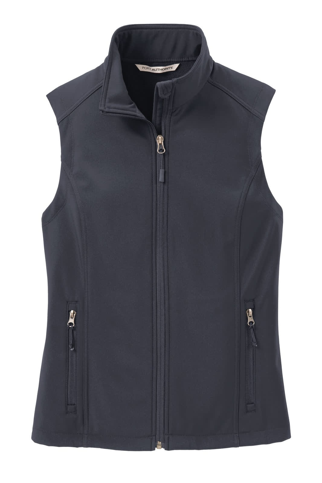 A navy blue Port Authority ladies' core soft shell vest with a zip front and two zippered pockets.